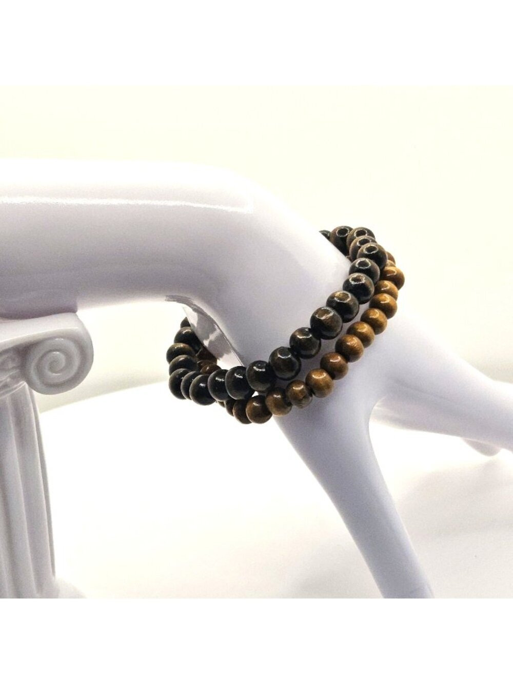 Wood Bead Bracelet Set - Black & Brown Beaded Stretch Bracelet For Men & Women